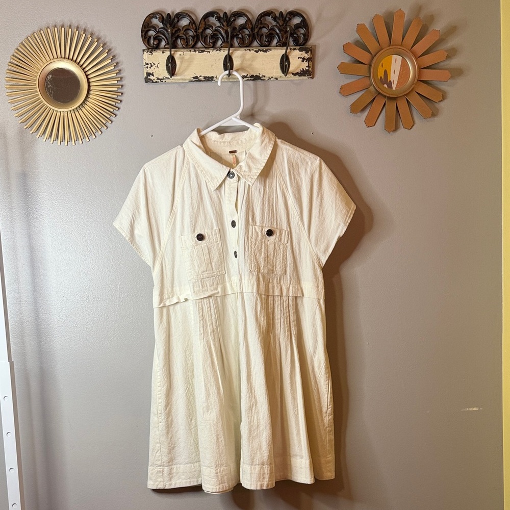 Free People Cream Short Sleeve Button-Up Dress 22” PTP and length is 31”